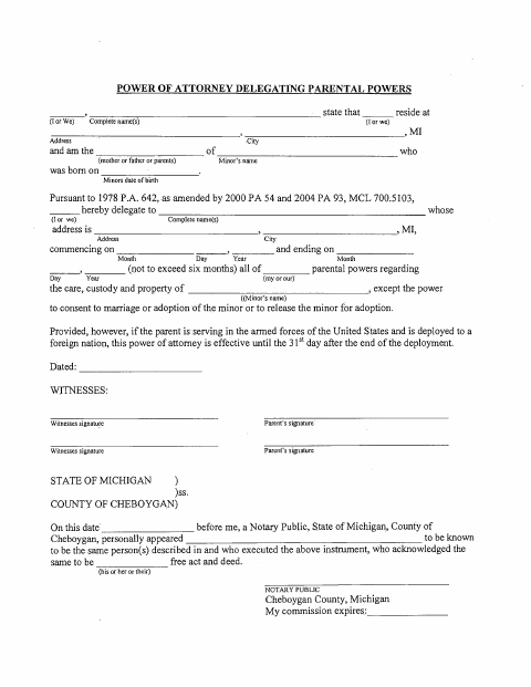 Power Of Attorney Delegating Parental Powers, Cheboygan County form, first page