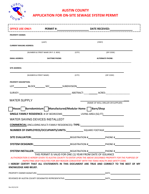 First page of the Application for On-Site Sewage System Permit