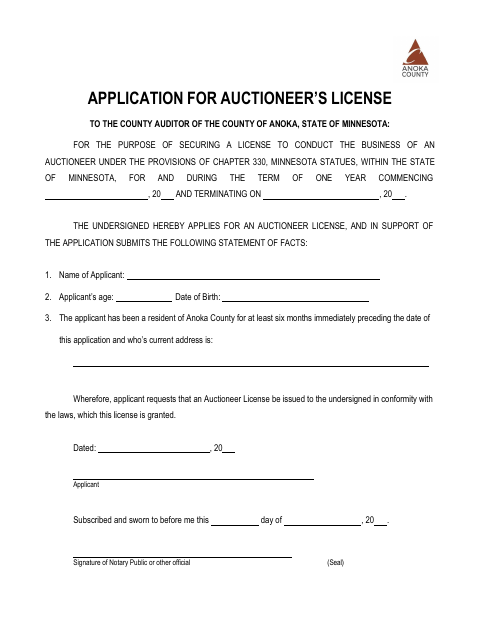 Application for Auctioneer’s License, Anoka County form, first page
