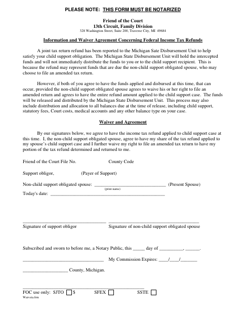 Information and Waiver Agreement Concerning Federal Income Tax Refunds, Grand Traverse County form, first page