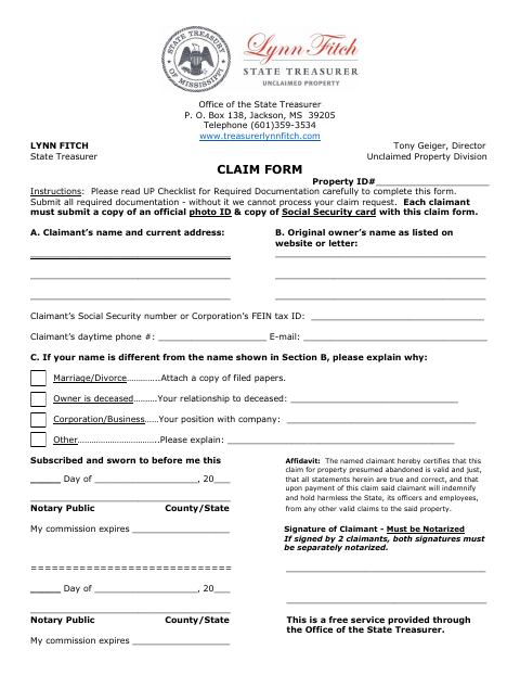 Unclaimed Property Claim Form, Alcorn County form, first page