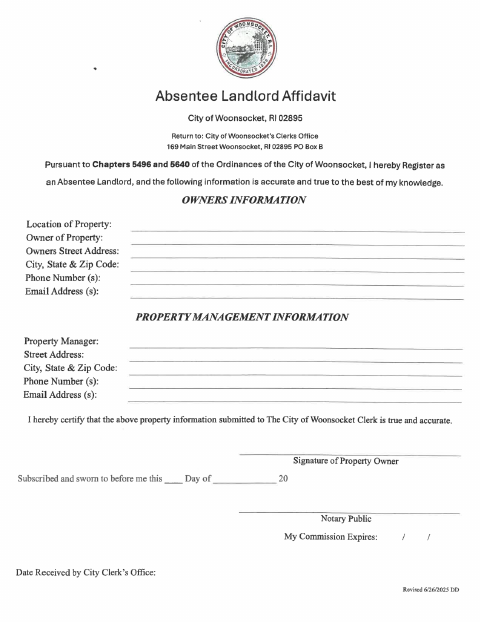 First page of the Absentee Landlord Affidavit