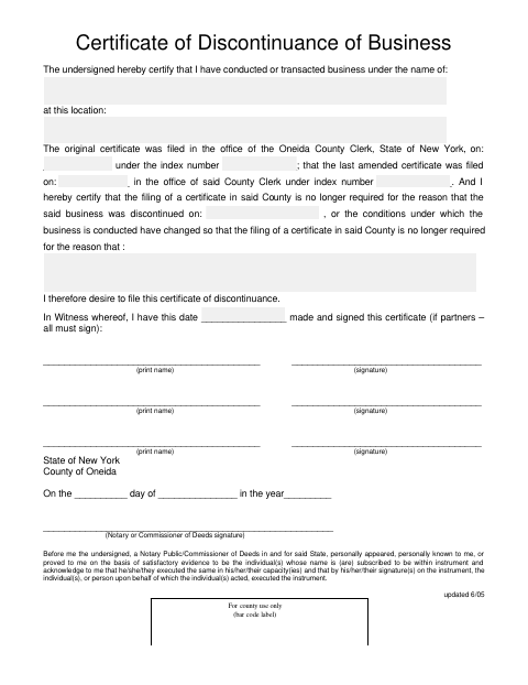 Certificate of Discontinuance of Business, Oneida County form, first page
