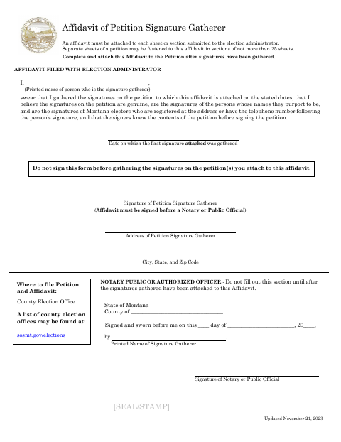 Affidavit of Petition Signature Gatherer, Lake County form, first page