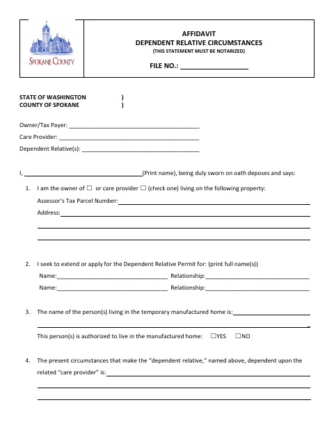 Affidavit of Dependent Relative Circumstances, Spokane County form, first page