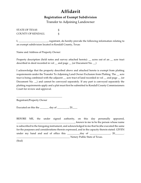 Exclusion From Platting Registration, Kendall County form, first page