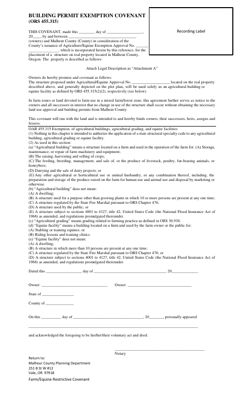 Building Permit Exemption Covenant, Malheur County form, first page