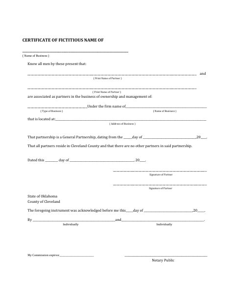 Certificate of Fictitious Name, Cleveland County form, first page