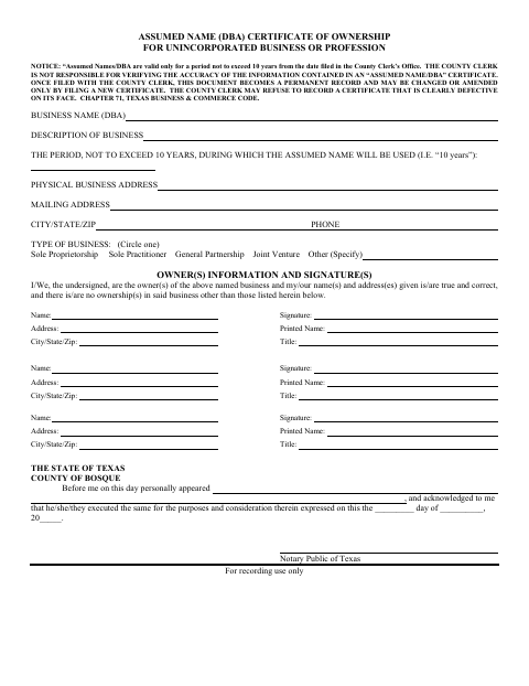 Assumed Name Certificate of Ownership for Unincorporated Business or Profession, Bosque County form, first page