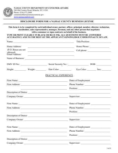 Disclosure Form for Business License, Nassau County form, first page