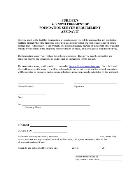 Builder’s Acknowledgment of Foundation Survey Requirement Affidavit, Onslow County form, first page