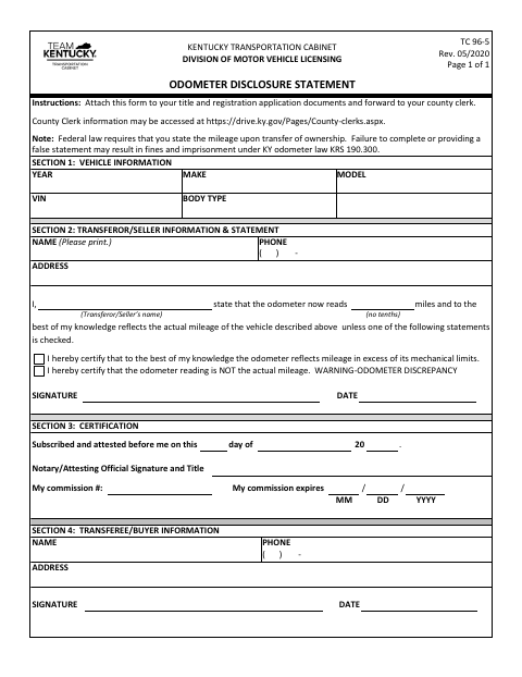 TC 96-5 Odometer Disclosure Statement first page