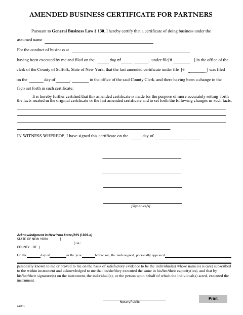 Amended Business Certificate for Partners, Suffolk County form, first page