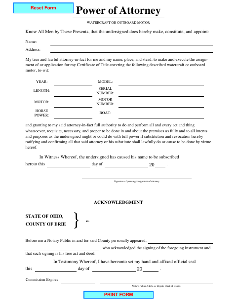 Power of Attorney for Watercraft or Outboard Motor, Erie County form, first page