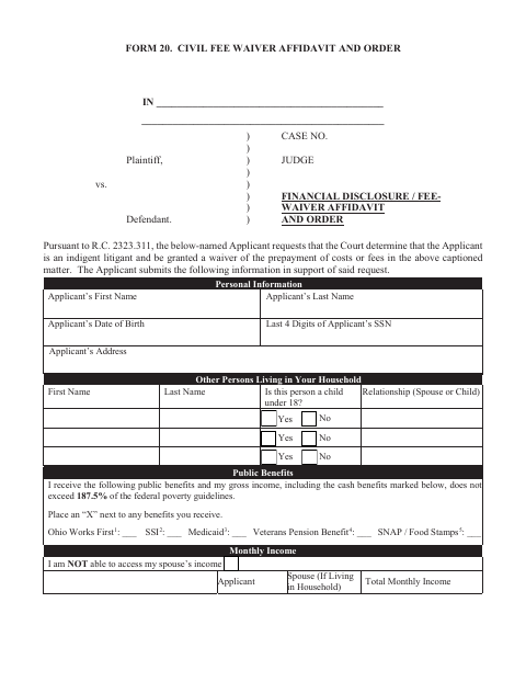 Financial Disclosure and Fee Waiver Affidavit and Order, Allen County form, first page
