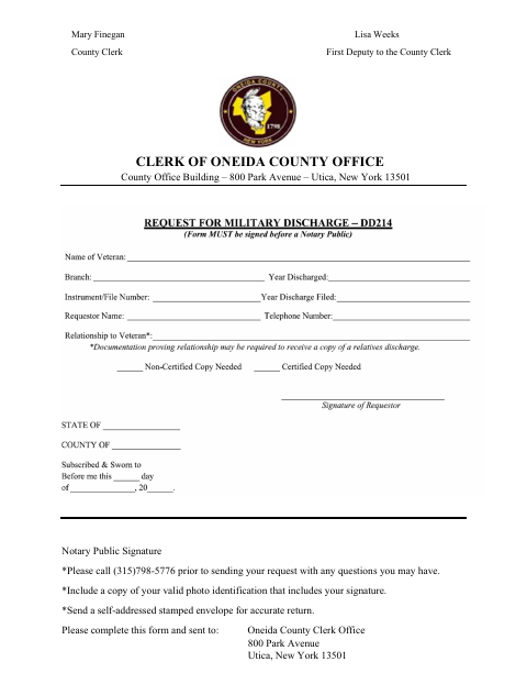 Discharge Request Form, Oneida County form, first page