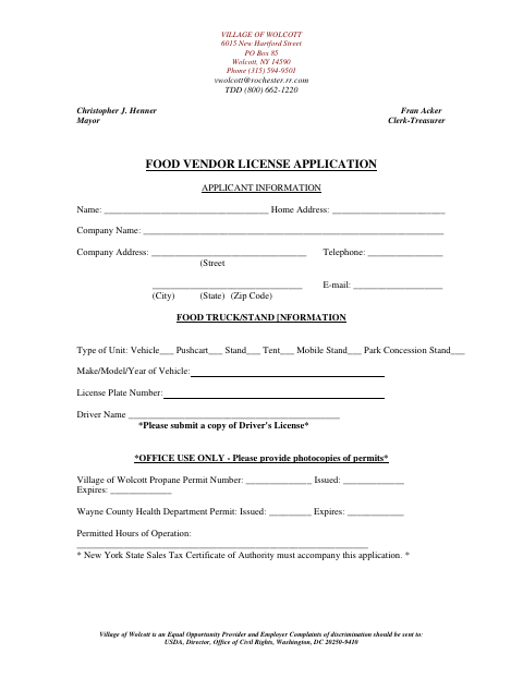 First page of the Food Vendor License Application