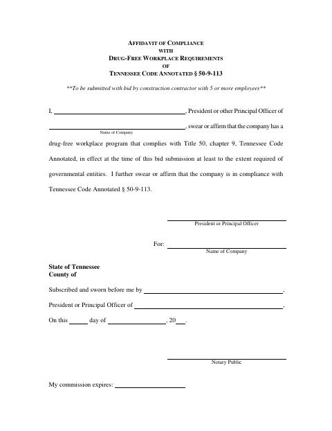 Affidavit of Compliance With Drug-Free Workplace Requirements, Blount County form, first page