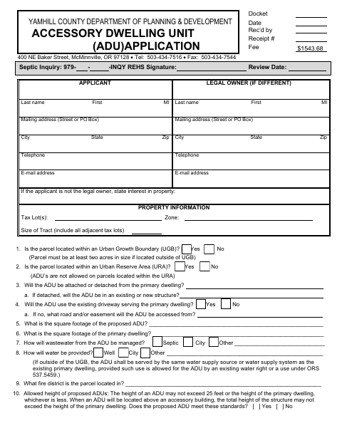 Accessory Dwelling Unit Application, Yamhill County form, first page