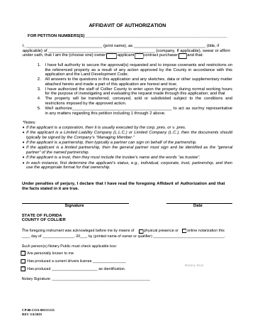 AFFIDAVIT OF AUTHORIZATION — Collier County form, first page