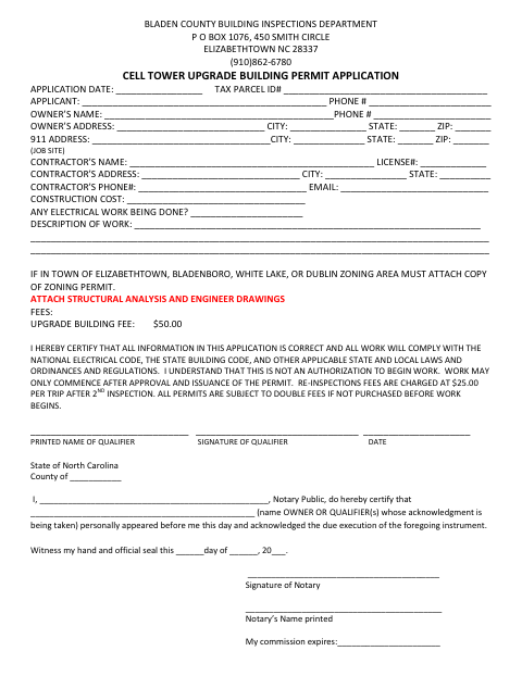 Cell Tower Upgrade Building Permit Application, Bladen County form, first page
