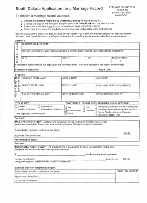 Application For A Marriage Record, Edmunds County form, first page