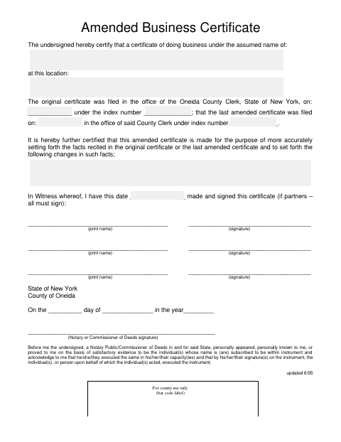 Amended Business Certificate, Oneida County form, first page