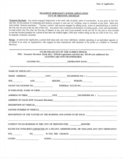 First page of the Transient Merchant License Application