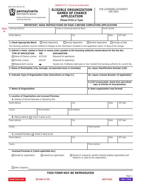 Eligible Organization Games of Chance Application, Union County form, first page