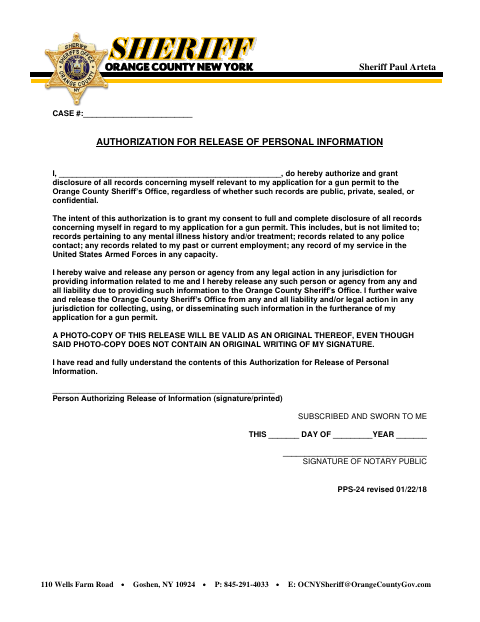 Authorization for Release of Personal Information, Orange County form, first page