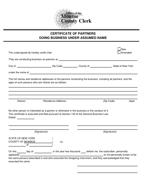 Certificate of Partners Doing Business Under Assumed Name, Monroe County form, first page