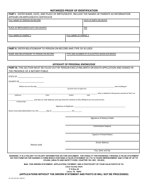Notarized Proof of Identification, Llano County form, first page