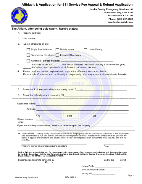 911 Service Fee Appeal and Refund Application, Hardin County form, first page
