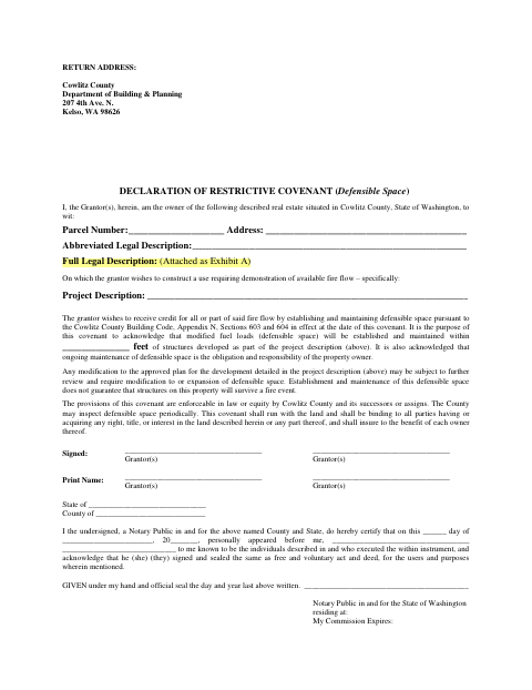 Declaration of Restrictive Covenant, Cowlitz County form, first page