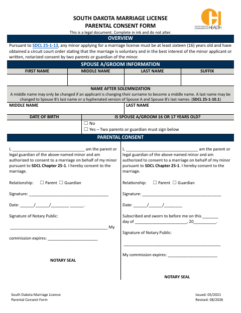 Marriage License Parental Consent Form first page