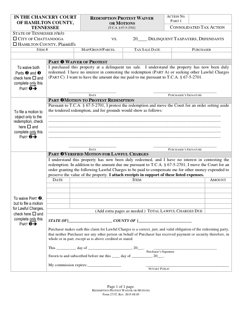 Redemption Protest Waiver or Motions, Hamilton County form, first page