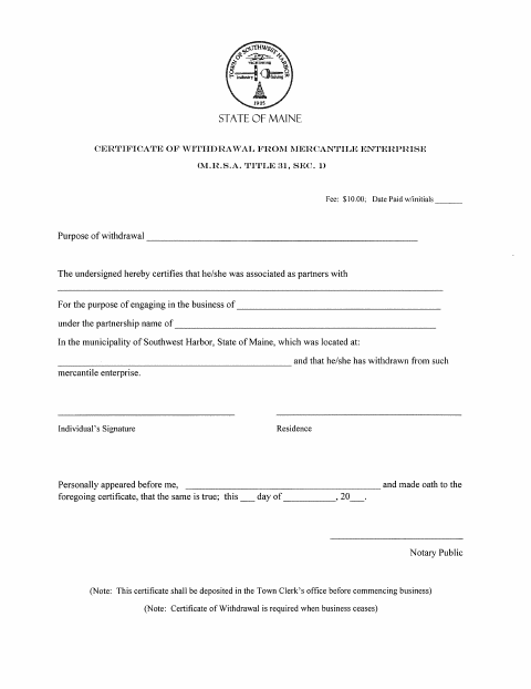 First page of the Certificate of Withdrawal From Mercantile Enterprise