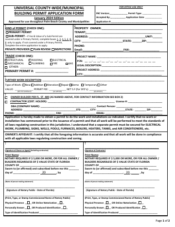 First page of the Building Division Permit Application (with Owner's Affidavit / Owner-Builder)
