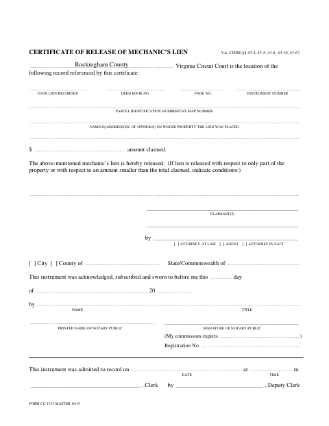 Certificate of Release of Mechanic’s Lien, Rockingham County form, first page