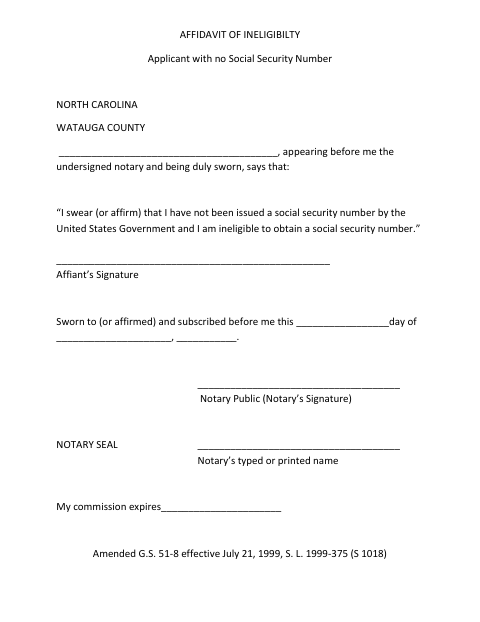 Affidavit of Ineligibility, Watauga County form, first page