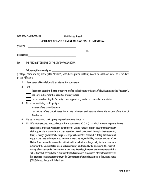 Affidavit of Land or Mineral Ownership Individual, Cleveland County form, first page