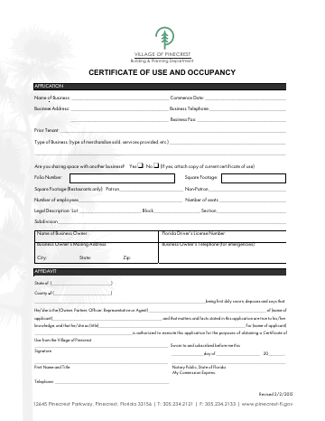 First page of the Certificate of Use and Occupancy