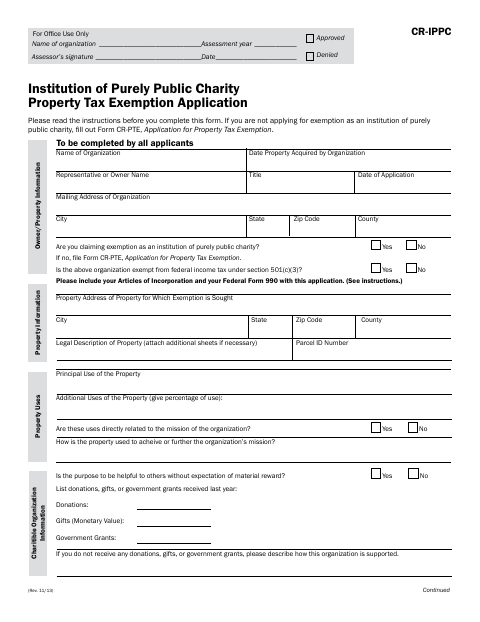 First page of the Purely Public Charity Property Tax Exemption Application