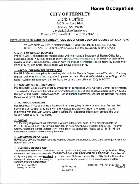 First page of the Home Occupation Business License Application Packet