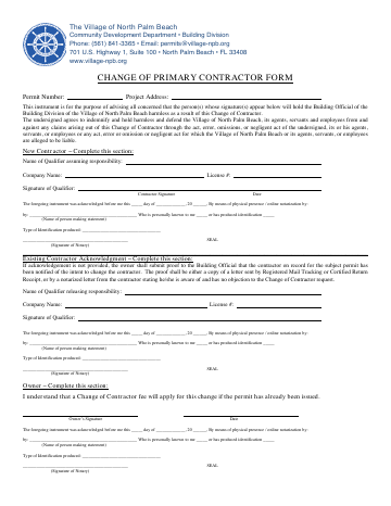 First page of the Change of Primary Contractor Form