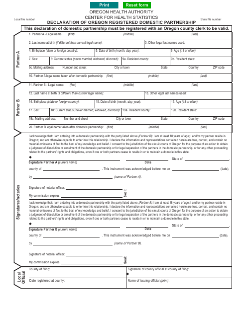 Declaration Of Oregon Registered Domestic Partnership, Sherman County form, first page