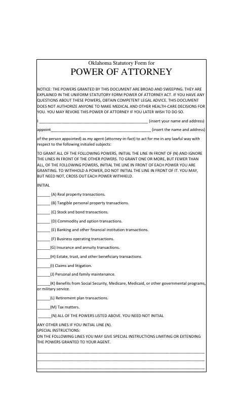 Oklahoma Statutory Form for Power of Attorney, Grady County form, first page