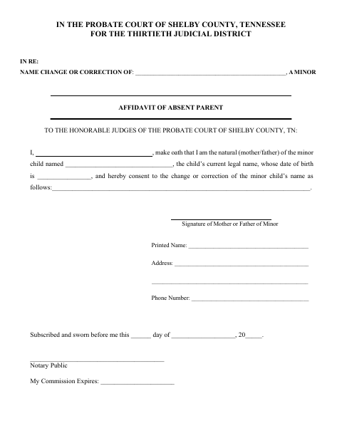 Affidavit of Absent Parent, Shelby County form, first page