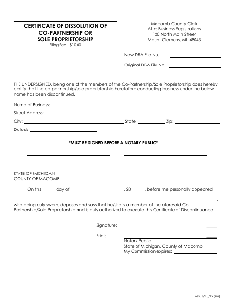 Certificate Of Dissolution Of Co-Partnership Or Sole Proprietorship, Macomb County form, first page