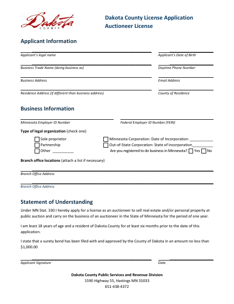 First page of the Auctioneer License Application